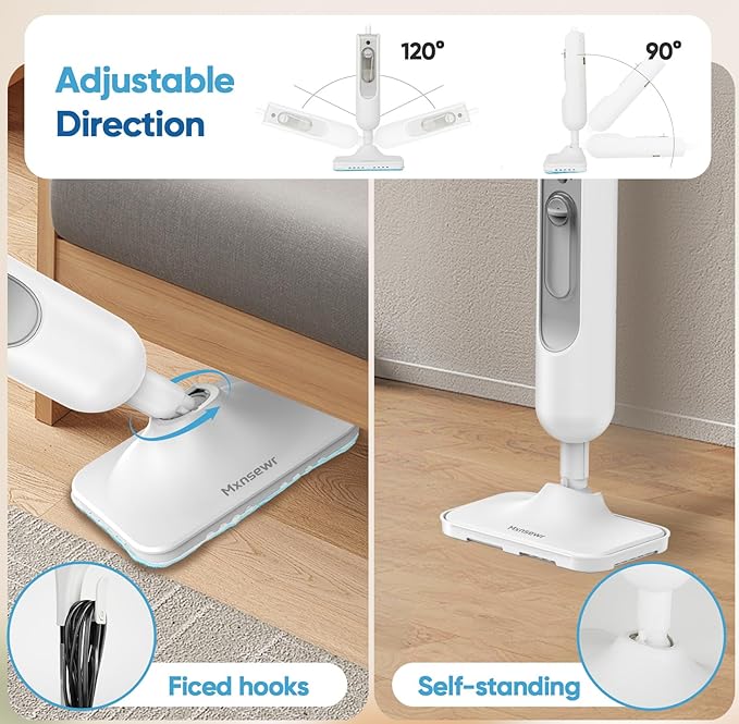 Mxnsewr Steam Mop All-in-one Multi-Functional Powerful Steam Cleaner, Handheld Detachable Floor Steamer with 2 Steam Level, 380ML Water Tank & 23FT Power Cord for Whole Home Use（White)