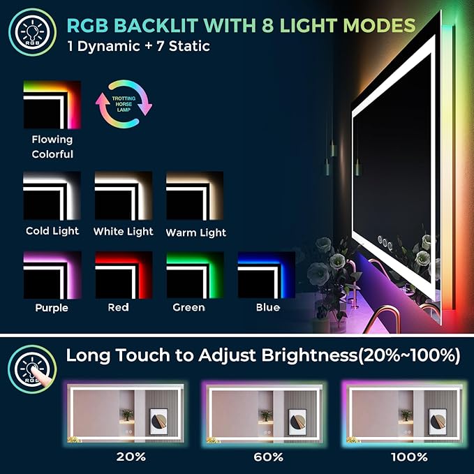 YEELAIT 80x40 Inch RGB LED Bathroom Mirror Front Light and RGB Backlit Lighted Vanity Mirror for Bathroom Wall Mounted Dimmable Anti Fog Memory Shatter-Proof IP54 Waterproof Horizontal/Vertical