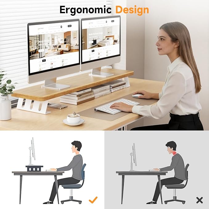NestNeat Dual Monitor Stand Riser, 39 Inch Large Wood Monitor Stands for 2 Monitors, Desk Monitor Riser for Computer/Laptop/Printer/TV, Stand Riser up to 220 lbs