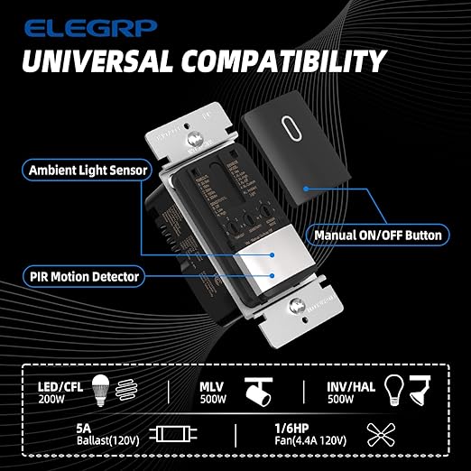 ELEGRP Matte Black Single Pole Occupancy Motion Sensor Light Switch, Need Neutral Wire, 120° Sensor Coverage PIR Infrared Motion Activated, for CFL/LED/MLV/INC/HAL/Fan, UL, 6 Pack
