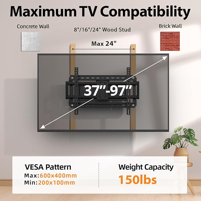 IWORKBOARD Full Motion 75 85 86 90 97'' TV Wall Mount Bracket, Loads 150 lbs Heavy Duty TV Mount, Swivel Tilt Extension Level, Complete Metal Bars & Wall Plate, up to 600x400mm VESA & 24'' Wood Studs