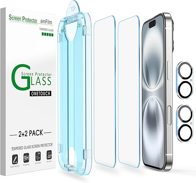 amFilm Auto-Alignment OneTouch for iPhone 16 Screen Protector + Camera Lens by amFilm