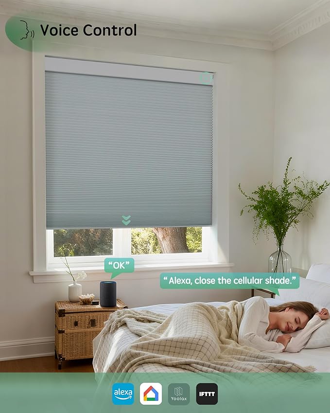 Yoolax Smart Blinds, Motorized Cellular Shades Compatible with Alexa, Blackout Electric Blinds with Remote for Indoor Windows, Automatic Energy Saving Honeycomb Shades, White, 29" W x 72" H