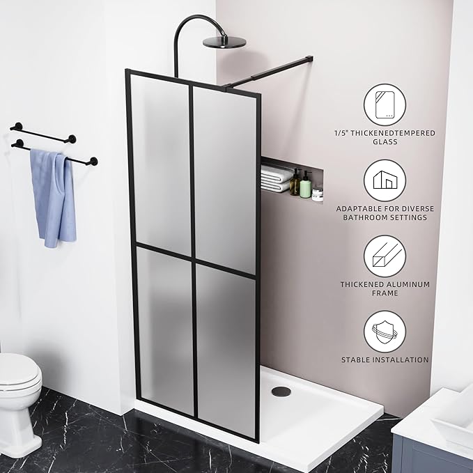 Goodyo 34"- 46" x 72" Glass Shower Door Clear Tempered Glass Panel Fixed Shower Screen for Walk-in Bathroom Matte Black Finish (34" W x 72" H Grid Frost)