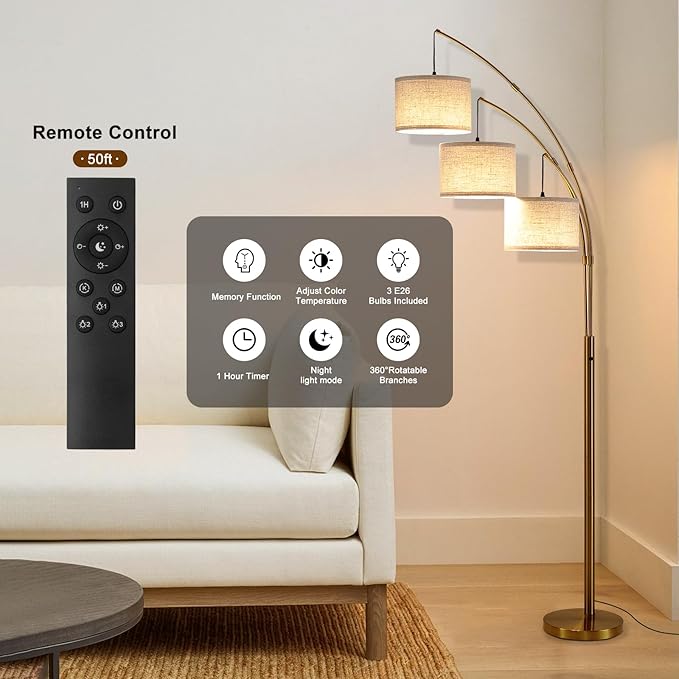 Fansdrick Gold Floor Lamps for Living Room, Super Bright Arc Floor Lamp with Remote Control, 3 Light Tall Floor Lamps with Stepless Dimmable, 80" Mid Century Tree Floor Lamp for Bedroom, Office