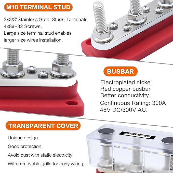 AMOMD 300A Bus Bar 3 Terminal Studs (3/8 inch) M10 4x8#-32 Screws Nickel Plated Copper Distribution Block Negative Electrical Buss Bars 12-48 V DC with Cover for Trailer Marine Boat Car RV (Red)