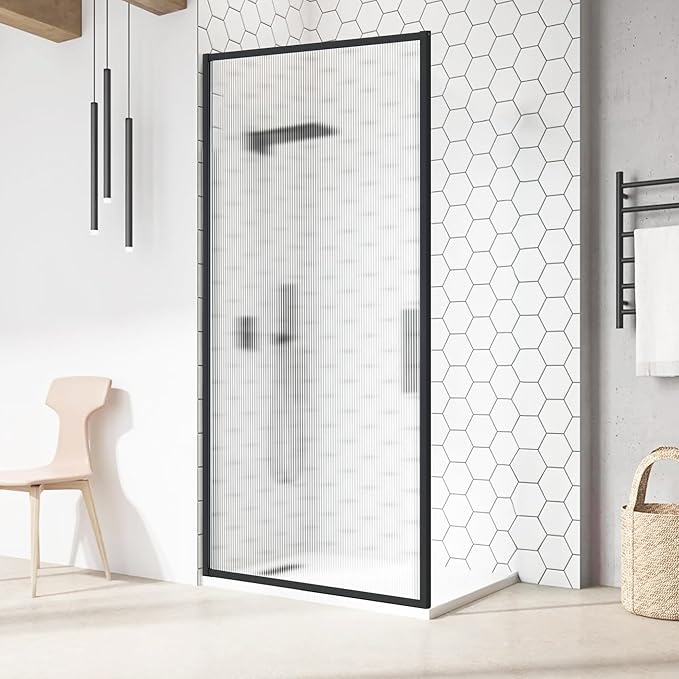 Shower Door 34" X 74" Clear Tempered Fluted Glass Framed Shower Screen Shower Panel for Walk-in Bathroom Shower, Matte Black Finish