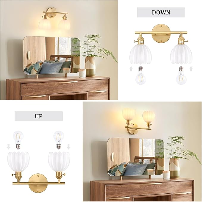 Shenmoyl Bathroom Light Fixtures, 2-Light Brass Vanity Wall Light Over Mirror with White Tulip Glass Shade for Bedroom Living Room (Bulb Not Included)