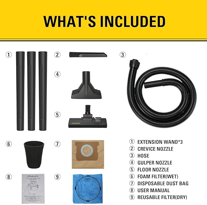 STANLEY Wet Dry Vacuum 5 Gallon with 4 HP Powerful Motor Suction,Stainless Steel Shop Vacuum Portable Wet Dry Vac for Jobsite, Workshop, Garage, Basement SL18130