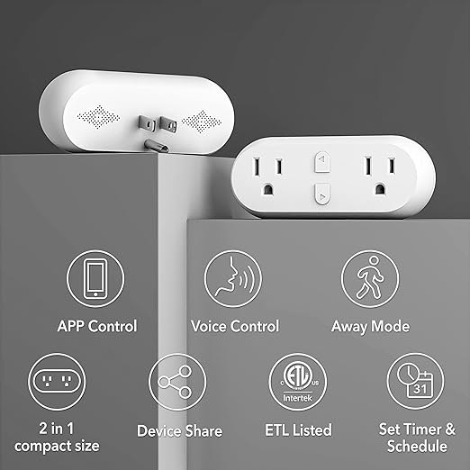 HBN Smart Plug 15A, WiFi Outlet Extender Dual Socket Plugs Works with Alexa, Google Home Assistant, Remote Control with Timer Function, No Hub Required, ETL Certified, 2.4G WiFi Only, 2-Pack