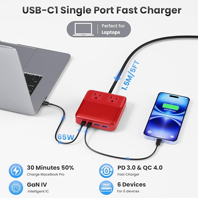 135W Charging Station USB C Power Strip,6-in-1 GaN USB C Charger Block with Plug &5ft Cord,2 AC,2 USB-A,2 USB-C,PD 65W Laptop Charger for MacBook,iPhone 16/15/14,Desktop Fast Charging for Home,Office