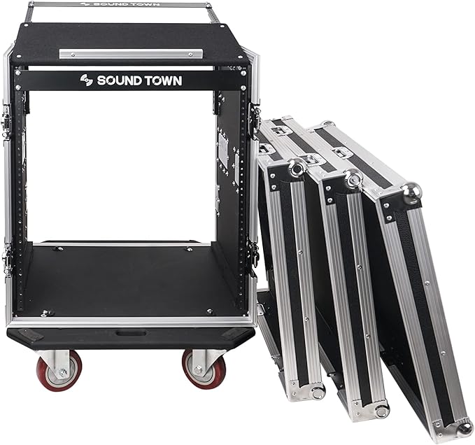 Sound Town Enhanced 1/2" (12mm) Plywood 12U PA DJ Rack/Road ATA Case with 11U Slant Mixer Top, 20’’ Rackable Depth and Casters, 12 Space Size, Pro Tour Grade (STMR-S12UW)