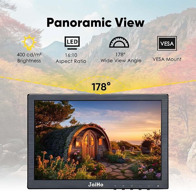 JaiHo 10.1 Inch Small IPS Monitor 19201200 Resolution 60Hz HD Display Screen, 16:10 Portable With Built-in Speaker, HDMI for Gaming CCTV Security Camera Raspberry Pi PC
