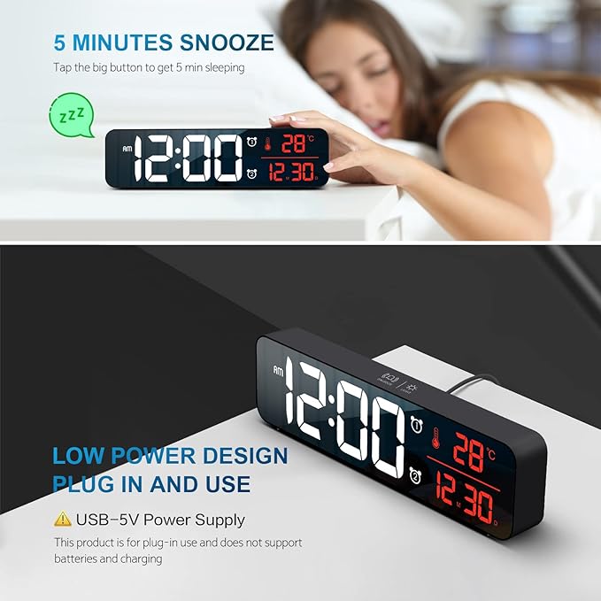 Hournor Digital Clock for Bedroom, Digital Wall Clock for Living Room Decor, Desk Table Clocks, Digital Clock Large Display, Bedroom Smart Alarm Clock for Office Red
