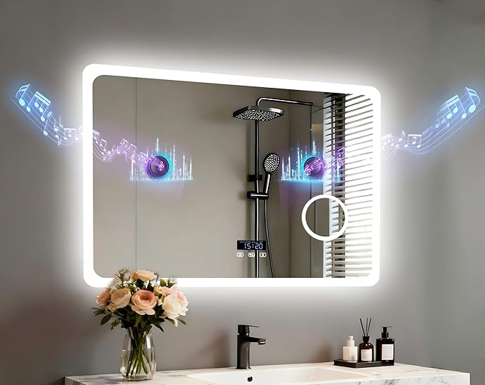 LUVODI LED Bathroom Mirror Rectangle: 32x24 inch Lighted Makeup Vanity with Bluetooth Speaker, Time Display, Magnifier, Anti-Fog, Memory Function, 3 Color Temperature
