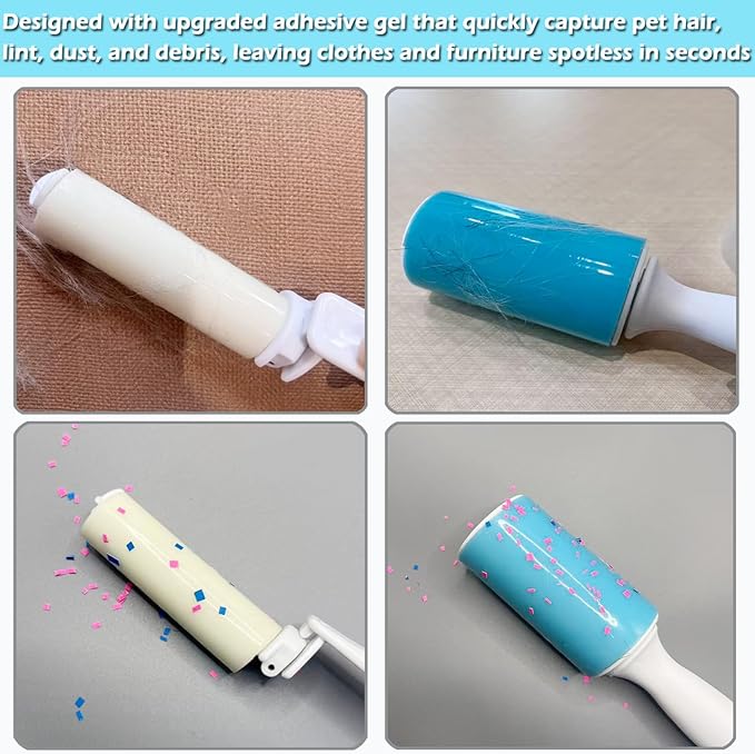 Reusable Washable Lint Roller 4 Pack, Sticky Gel Lint Rollers, Cat Dog Pet Hair Lint Remver Cleaner for Clothes, Carpet, Travel, 2 Large Roller with Dust Cover and 2 Mini, Portable Small Lint Brush