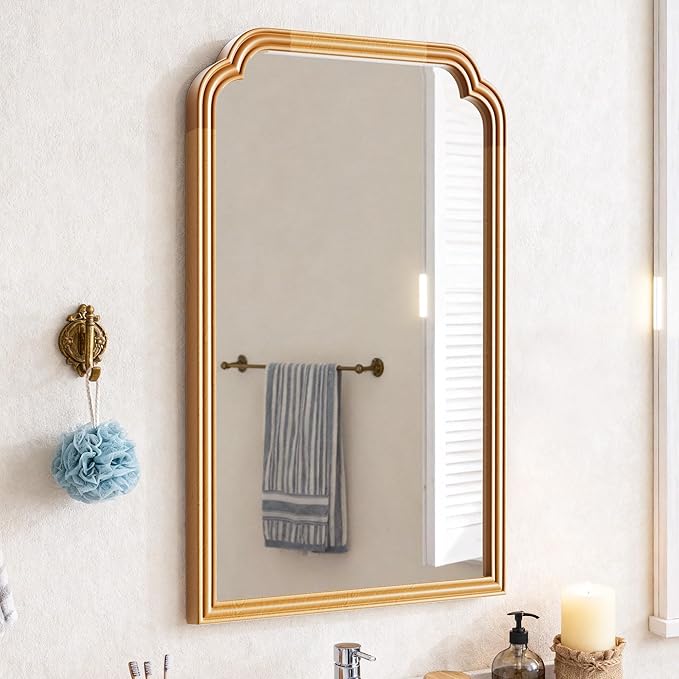 Wood Frame Wall Mirror for Bathroom, Rounded Corner Arch Rectangle Mirror for Entryway, Living Room or Bedroom Home Decor - Light Woodgrain [20" x 30" Natural Color]