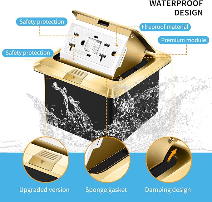Vagueior Pop-Up Floor Box Kit, 20A Tamper-Weather Resistant Receptacle GFCI Outlet, Corrosive Resistant Hardware, ETL Certified,Gold(1 Pack)