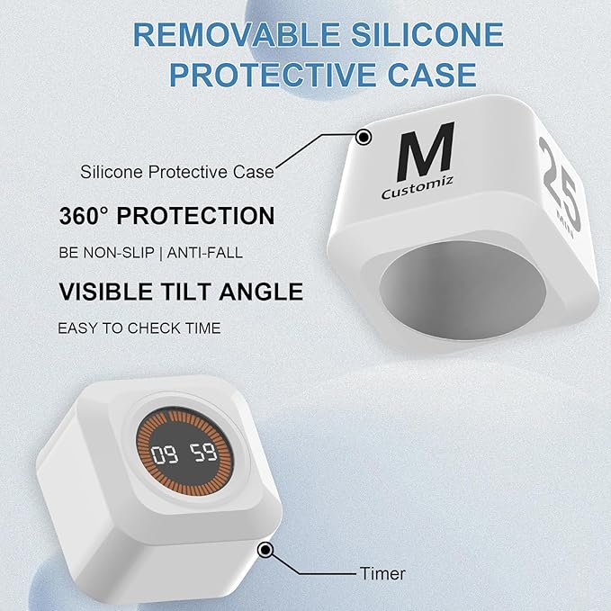 Rotating Cube Pomodoro Timer 5, 25, 10, 50 Min Preset + Custom Countdown, Desk Productivity Flip Visual Timer w/Silicone Case, Silent Mode, Ideal for ADHD Tool Study Work School (White)
