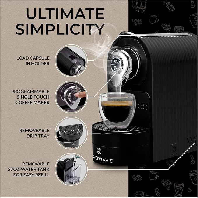 ChefWave Espresso Machine Compatible with Nespresso Capsules (Black) with Capsule Holder, and 2 Glass Cups Bundle with Handheld Milk Frother (2 items)
