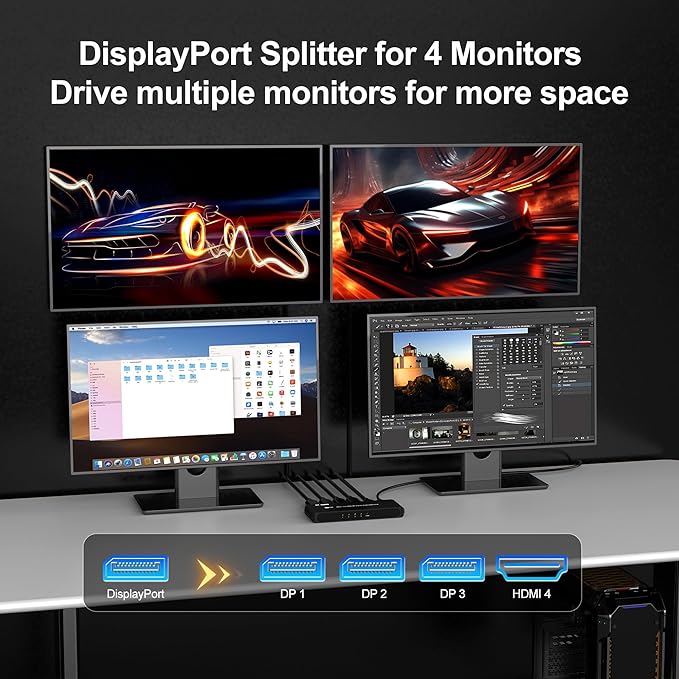 DisplayPort Splitter for 4 Monitors, Three DP with HDMI Adapter 8K@60Hz Extended Display 1 in 4 Out DisplayPort MST Hub for Multiple Monitor, Compatible with Computer, Graphic Card, PC