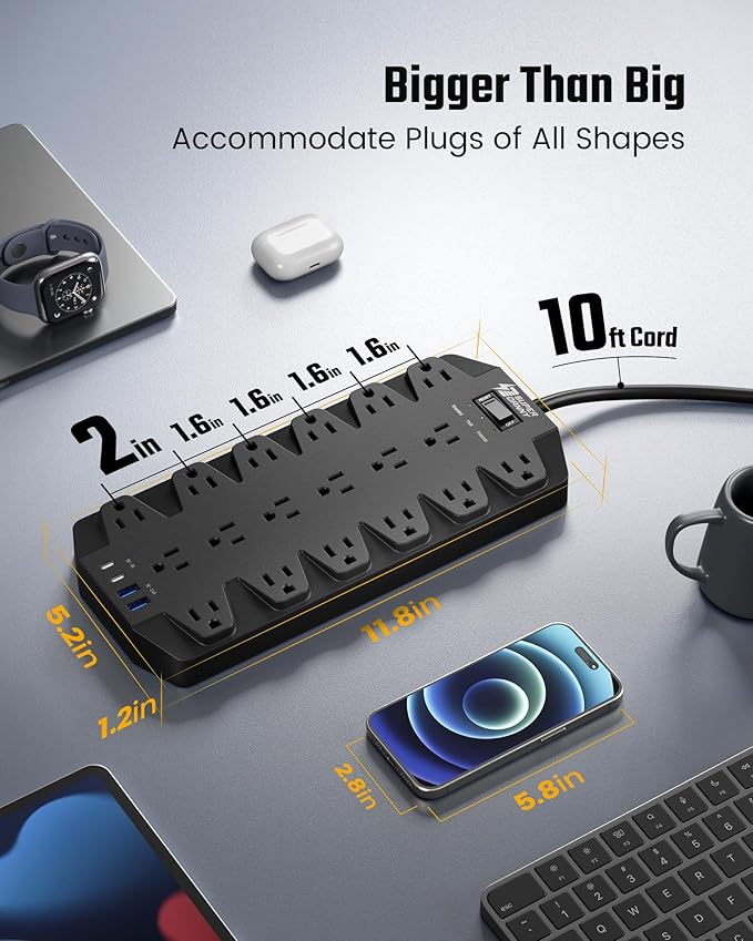 Power Strips with Surge Protection 10 FT, SUPERDANNY 18 AC Outlets and 4 USB Ports, Flat Plug Heavy Duty Extension Cord, 1875W/15A, 2100 Joules for Home, Office, Dorm, Black
