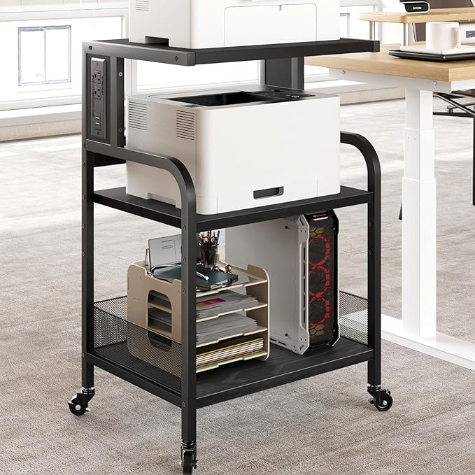 Garvee 3-Tier Large Printer Stand with Power Outlets & USB Ports, Industrial Rolling Printer Cart with Heavy Duty Metal Frame & Adjustable Shelf, with Storage & Lockable Wheels for Home Office, Black
