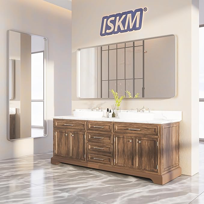 ISKM Silver Framed Mirror for Bathroom 60" x 30" Matte Bathroom Vanity Mirror Anti-Rust, Tempered Glass, Rounded Rectangle Mirror(Horizontal/Vertical)