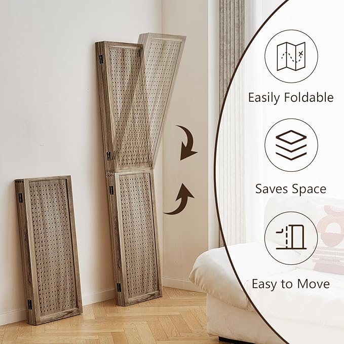 Leesinwing 4 Panel Wooden Room Dividers, 5.6FT High Plug-in Folding Screen Made of Natural Wood, Pegboard Display for Bedroom and Shopping Malls and Jewelry Stores, Dark Brown