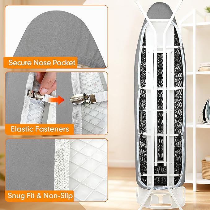 Ironing Board Cover and Pad, 21x54 Extra Large Thick Iron Padding, Scorch & Stain Resistant Ironing board cover, Heavy Duty Iron Board Padded with Adjustable Fasteners Durable Elastic Edge, Grey