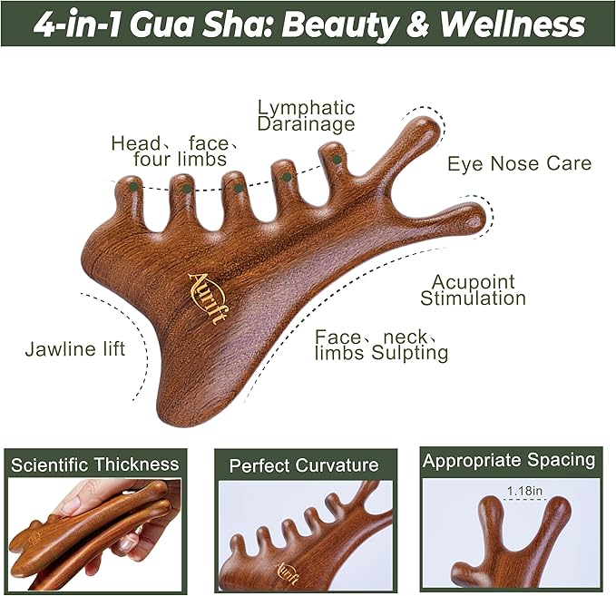 4-in-1 Wooden Gua Sha Tool Set – Facial, Body & Scalp Manual Guasha Massage Tool for Tension Relief, Includes Portable Mini Wooden Comb,Valentine’s Day Gift-Ready Box