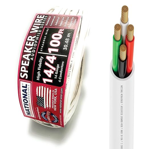 NATIONAL Wire&Cable - 14/4 Audiophile Speaker Wire (100 Feet) 14AWG Gauge - Made in USA - in Wall Audio Speaker Wire Cable/CL Rated/ETL Listed / 2 Conductors - OFC Oxygen-Free Copper, White 100ft