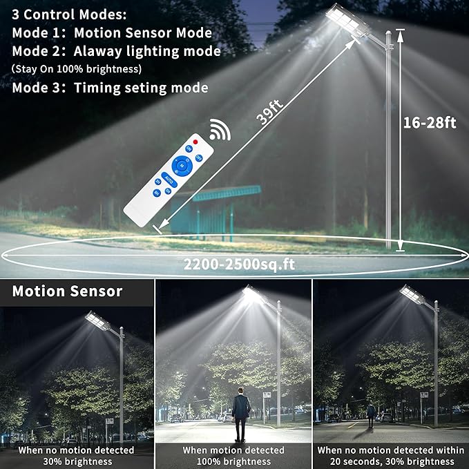 JAYNLT 3000W Solar Street Lights Outdoor,6500K 298000LM Highest Lumen Solar Parking Lot Lights,Waterproof Duks to Dawn Solar Flood Security Lights Motion Sensor for Yards, Driveways