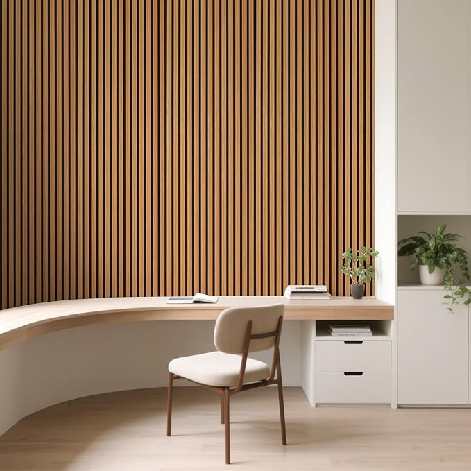 Art3d 1-Pack Acoustic Wood Slat Wall Panel with Roll-Flat Design - 95.3 x 23.8 Inch Sound Absorbing Panels for Living Room Columns Corridor Curved Wall Decor, Teak