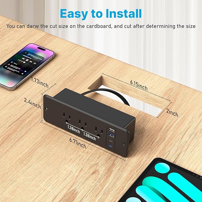 CCCEI 6 Outlets Dual Side Recessed Power Strip with USB C Ports, Furniture Flush Mount, Under Desk, Desk Top Multiple Outlets, Hidden Charging Station for Conference Table, Nightstand, Black. 10FT.