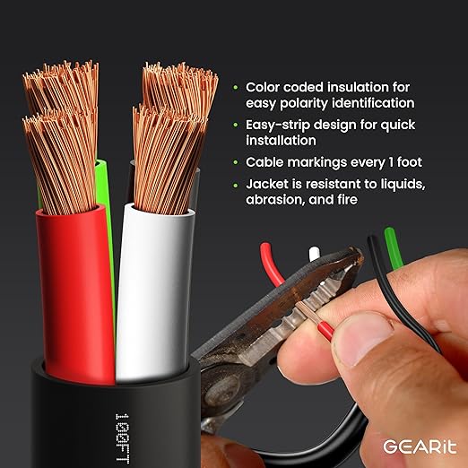 GEARit Outdoor Speaker Wire CL3 Rated, 12 Gauge Speaker Wire, Speaker Cable 100 ft for Outdoor Speakers, Patio, Garden, Backyard Audio, Direct Burial in Ground/in Wall, OFC (Black, 4-Conductors)