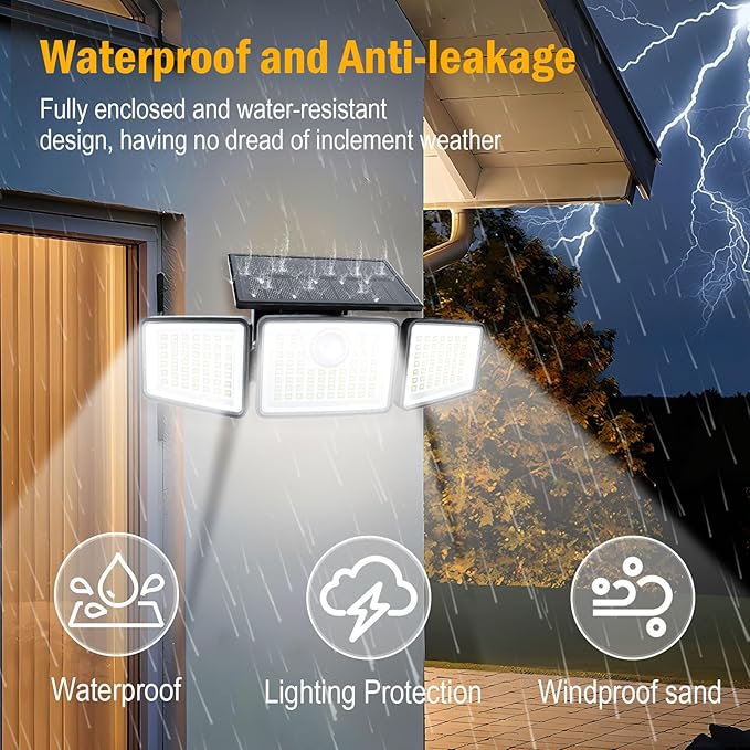 daphino 2500LM Solar Lights Outdoor with Motion Sensor,3 Head 270° Wide Angle Street Area Lights,IP65 Waterproof Security Lighting with 3 Modes(Remote,1 Pcs)