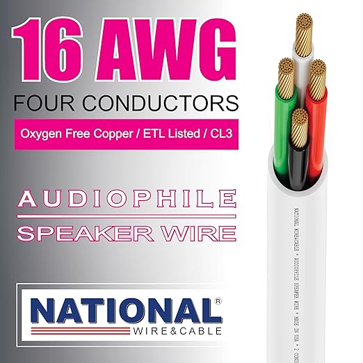 NATIONAL Wire&Cable - 16/4 Audiophile Speaker Wire (100 Feet) 16AWG Gauge - Made in USA - in Wall Audio Speaker Wire Cable/CL Rated/ETL Listed / 2 Conductors - OFC Oxygen-Free Copper, White 100ft