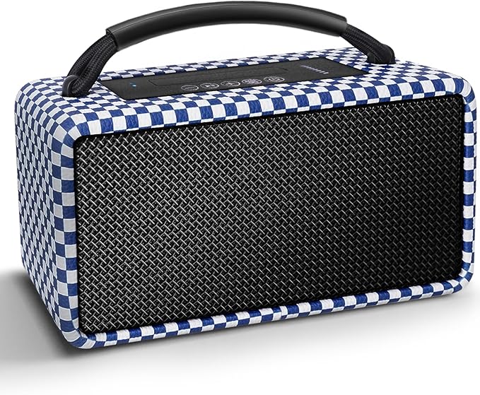 DINDIN Portable Bluetooth Speaker: 80W (Peak), 20H Playtime, Loud Wireless Wood Speakers with Bass, AUX and USB Input, Subwoofer, TWS Pairing, Vintage Speaker for Outdoor, Home, Office (Blue+White)