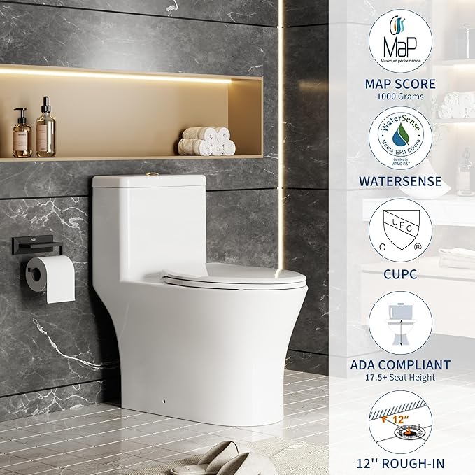One Piece Toilet with ADA Height - Elongated Ceramic Design, Soft Closing PP Toilet Cover, Easy Clean Surface, Water Efficient Flush, Compact Durable Build