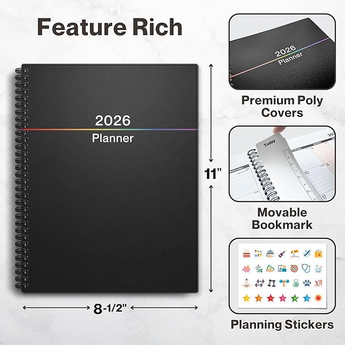 Dunwell 2026 Planner Book 8.5x11, Weekly Monthly Calendar, Jan to Dec, Large Daily Organizer with Colorful Tabs, Bookmark, Notes Section & Stickers