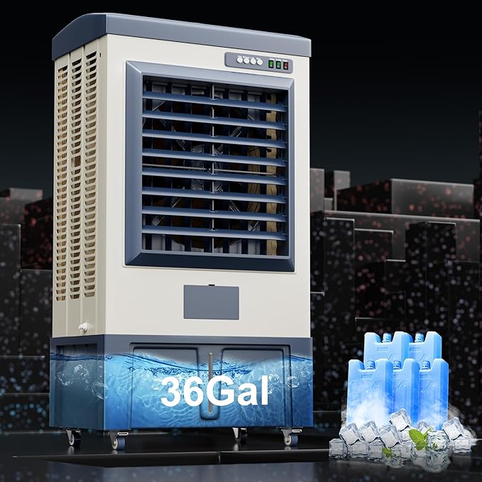 Landeagle 56″ Swamp Cooler Air Conditioner, 8979CFM Portable Evaporative Coolers with 35.5 Gal Tank,120°Oscillation, Outdoor Cooling Fan with Continuous Auto Fill for Patio Garage Industry Commercial