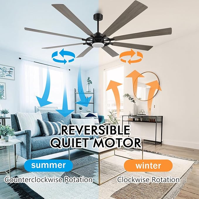ELEHINSER 72 Inch Ceiling Fan with Lights and 3 Downrods, 8 Plywood Blades, 6-Speed Noiseless Reversible DC Motor, 3CCT, Windmill Ceiling fan for Kitchen Bedroom Living Room, Black and Grey