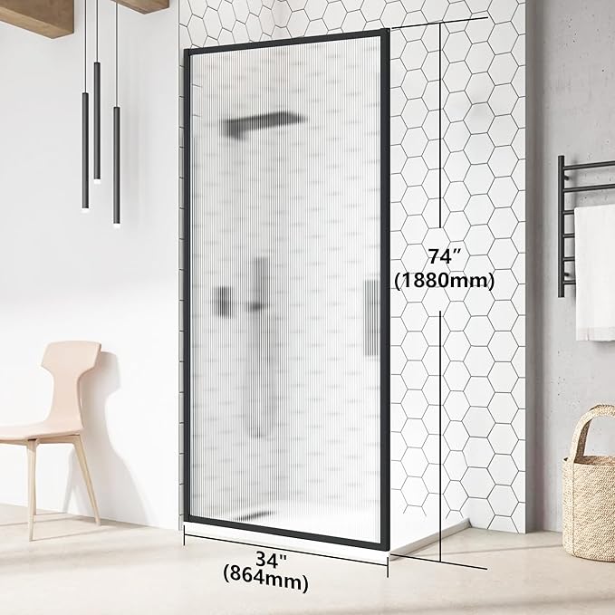 Shower Door 34" X 74" Clear Tempered Fluted Glass Framed Shower Screen Shower Panel for Walk-in Bathroom Shower, Matte Black Finish