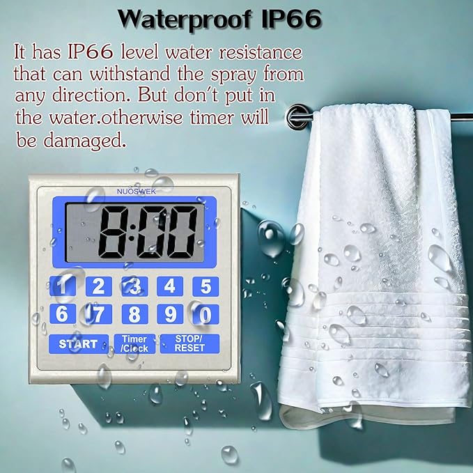 NUOSWEK Digital Timer Waterproof Shower Timer Shower Clock Direct Digit Entry Bathroom Kitchen Timer with Strong Magnet and Large LCD Display (Waterproof 13 Key)