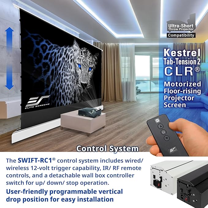 Elite Screens Kestrel Tab-Tension CLR, 121 inch 16:9, Ultra-Short Throw Ceiling Ambient Light Rejecting ALR Electric UST Floor-Rising Projection Motorized Front Projector Screen, FTE121XH3-CLR, White