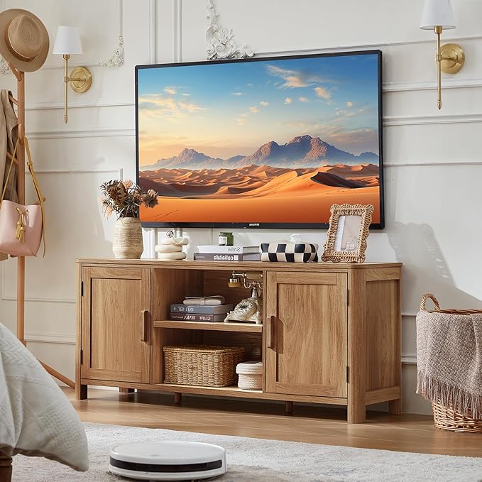 Joaxswe Farmhouse 55" Entertainment Center,Dark Wood Tv Stand with Adjustable Shelves & 2 Door Storage,Wooden Media Console Cabinet for TVs Up to 65 inches, Rustic Tv Stands for Living Room,Bedroom