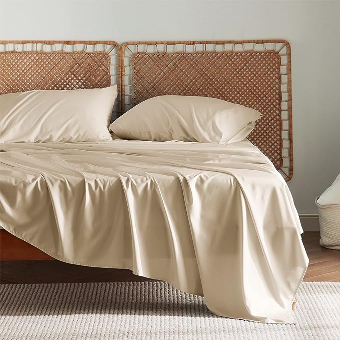 Bedsure California King Sheet Sets, Cooling Sheets for Hot Sleepers, Rayon Derived from Bamboo, Deep Pocket Up to 16 Inches, Breathable & Soft, Hotel Luxury Silky Bedding, Beige