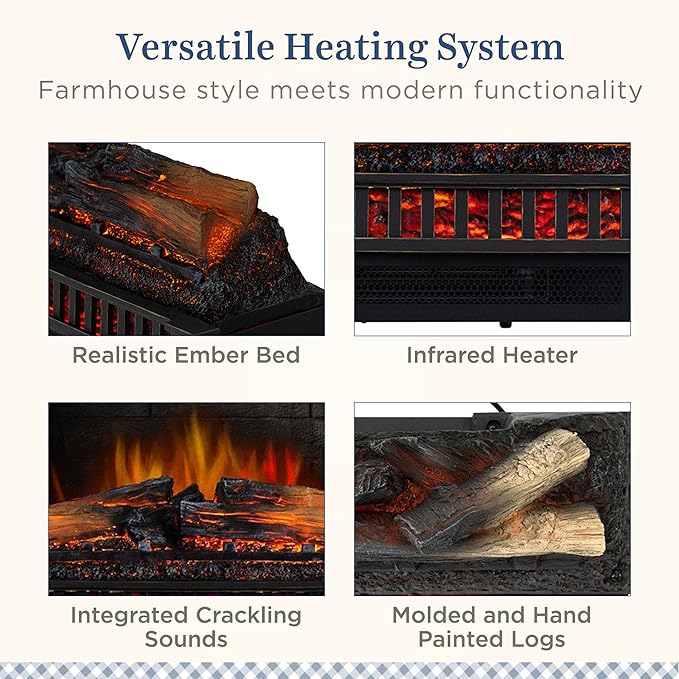 Country Living Electric Fireplace Logs, 27” LED Electric Fireplace Inserts with Infrared Heater, Electric Heater Heats up to 1000 Sq. Ft., Remote Controlled Infrared Heaters for Indoor Use, Black