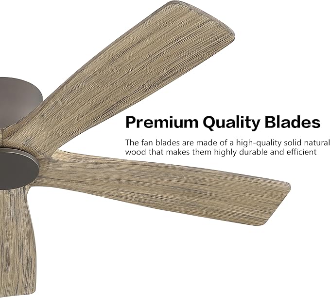 WINGBO 54" Flush Mount DC Ceiling Fans without Lights, 5 Carved Solid Wood Blades, 6-Speed Reversible DC Motor, Low Profile Hugger Ceiling Fan No Light for Living Room Bedroom Patio, Graphite and Gray